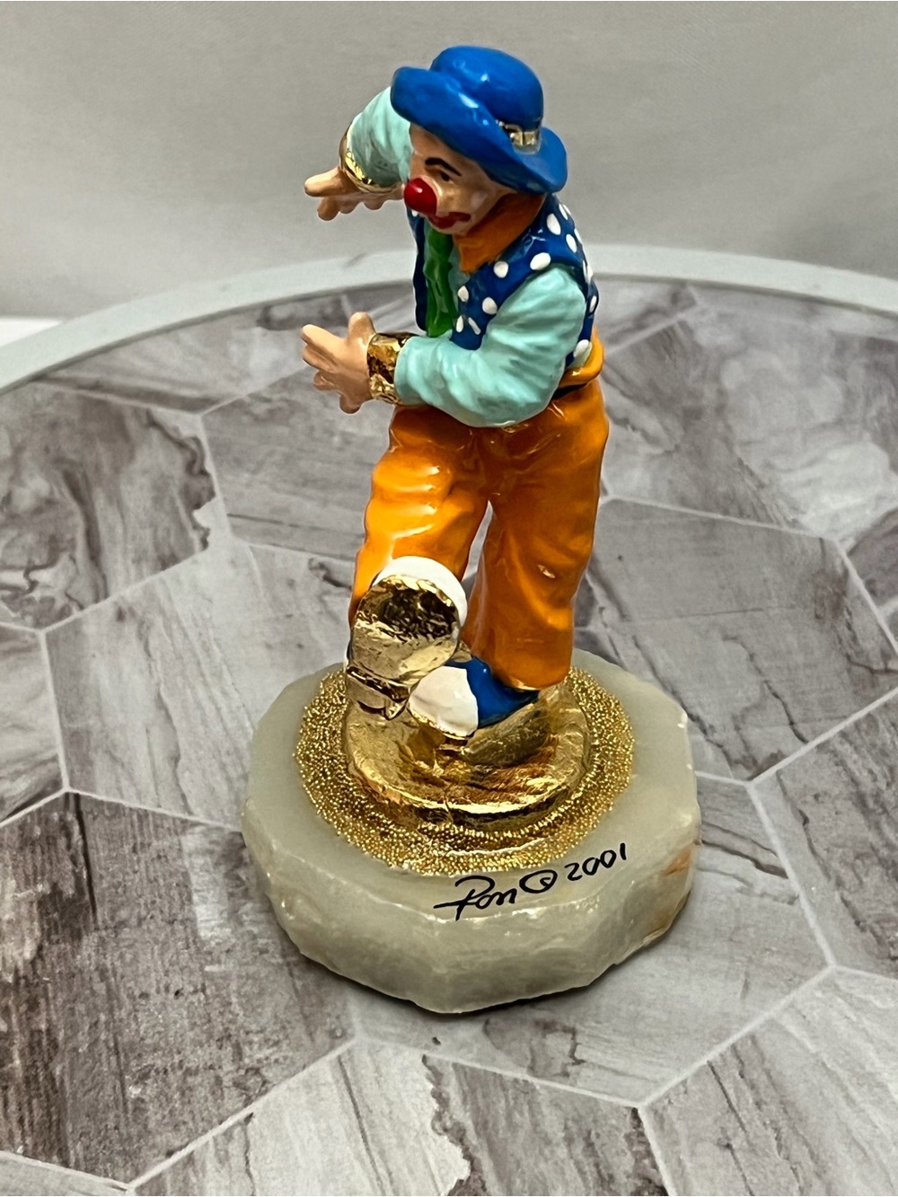 Vintage Porcelain Clown Figurine Signed 2001 Marble Stone Base Circus Décor